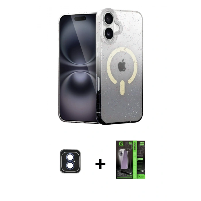 MARSİLYAN™- iPhone 16 Kılıf Eksen Minimal Özel Seri - Şeffaf 360 Full Body Arka Koruyucu + PVD Metal Kamera Lens - MI