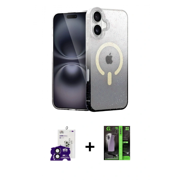 MARSİLYAN™- iPhone 16 Kılıf Eksen Minimal Özel Seri - Şeffaf 360 Full Body Arka Koruyucu + Siyah Bilvis Titan Kamera Lens