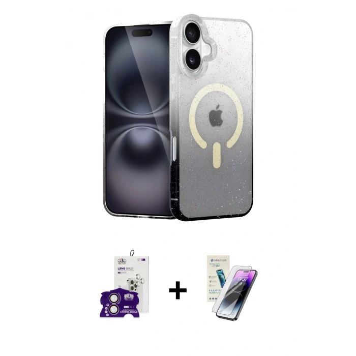 MARSİLYAN™- iPhone 16 Kılıf Eksen Minimal Özel Seri - Şeffaf Pasifik Cam Ekran Koruyucu + Bilvis Titan Kamera Lens - PE