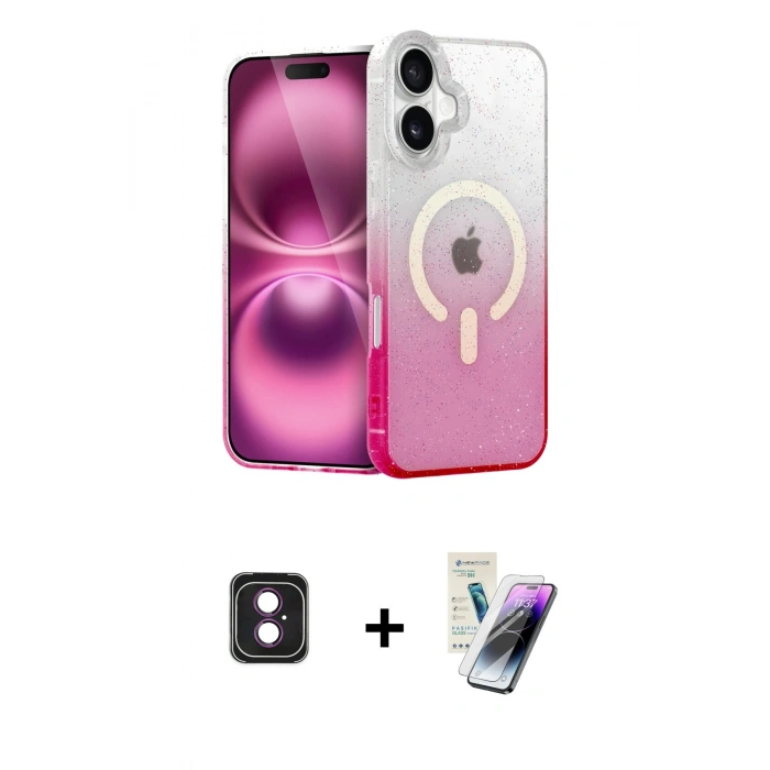 MARSİLYAN™- iPhone 16 Kılıf Eksen Minimal Özel Seri - Şeffaf Pasifik Cam Ekran Koruyucu + PVD Metal Kamera Lens - PE