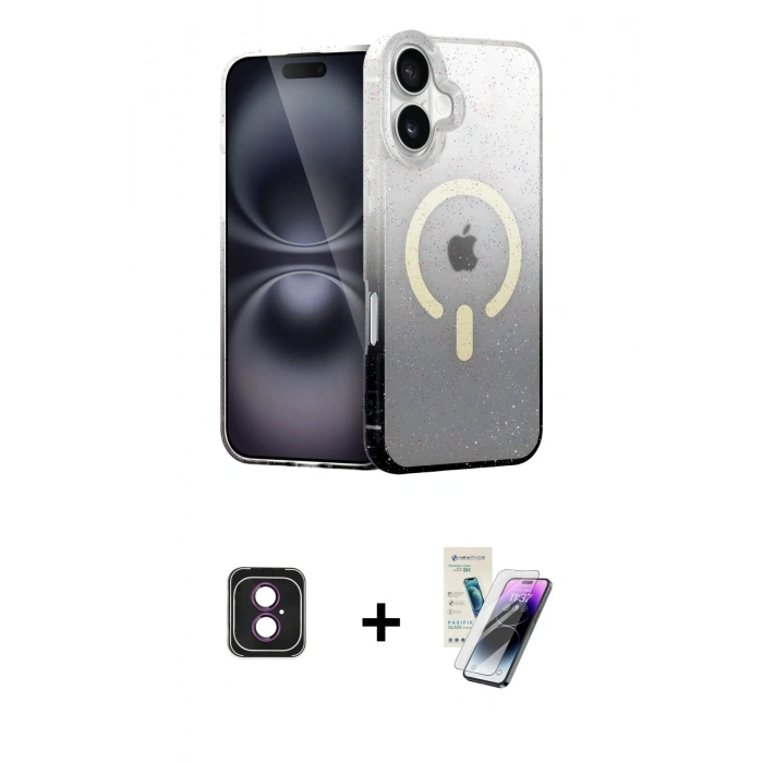 MARSİLYAN™- iPhone 16 Kılıf Eksen Minimal Özel Seri - Şeffaf Pasifik Cam Ekran Koruyucu + PVD Metal Kamera Lens - PE