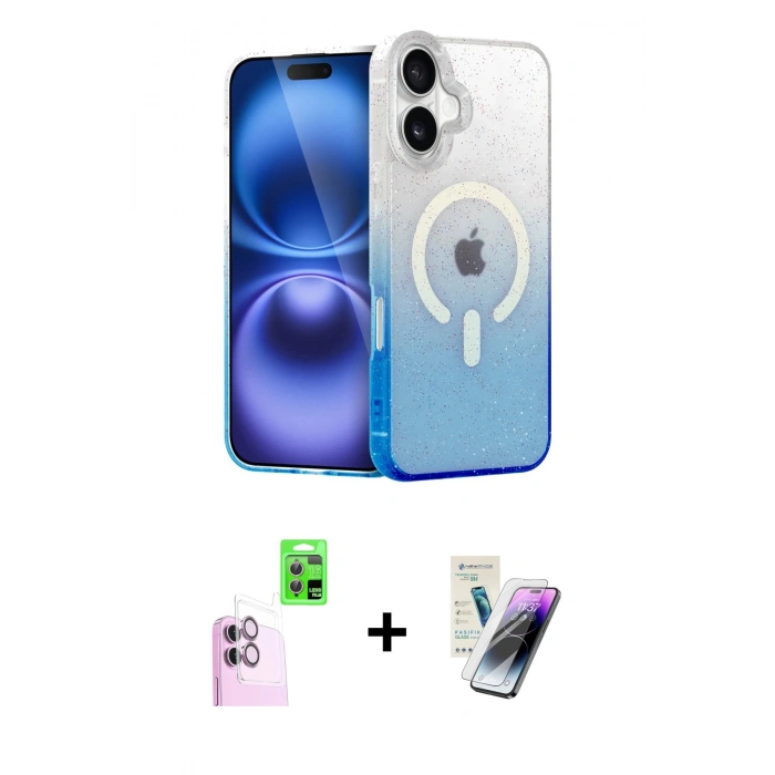 MARSİLYAN™- iPhone 16 Kılıf Eksen Minimal Özel Seri - Şeffaf Pasifik Cam Ekran Koruyucu + Raze Metal Kamera Lens - PE