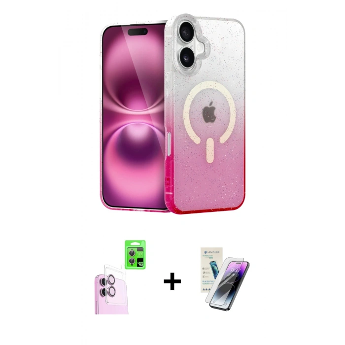 MARSİLYAN™- iPhone 16 Kılıf Eksen Minimal Özel Seri - Şeffaf Pasifik Cam Ekran Koruyucu + Raze Metal Kamera Lens - PE