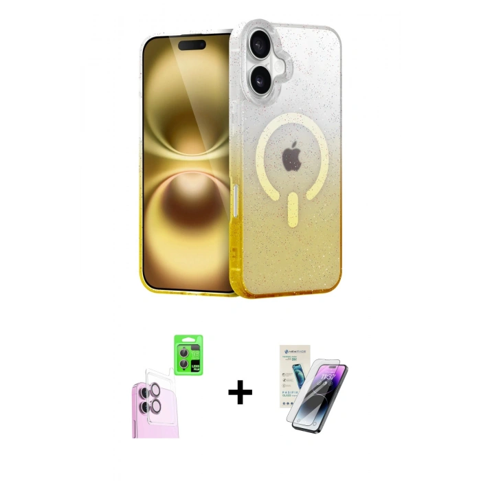 MARSİLYAN™- iPhone 16 Kılıf Eksen Minimal Özel Seri - Şeffaf Pasifik Cam Ekran Koruyucu + Raze Metal Kamera Lens - PE