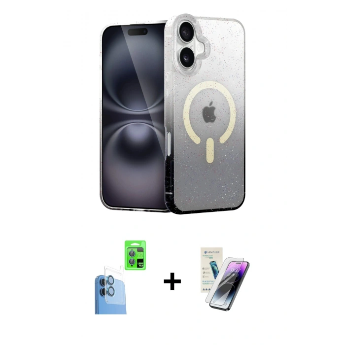 MARSİLYAN™- iPhone 16 Kılıf Eksen Minimal Özel Seri - Şeffaf Pasifik Cam Ekran Koruyucu + Raze Metal Kamera Lens - LT