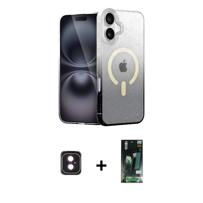 MARSİLYAN™- iPhone 16 Kılıf Eksen Minimal Özel Seri - Siyah 360 Mat Full Body Arka Koruyucu + PVD Metal Kamera Lens - PE