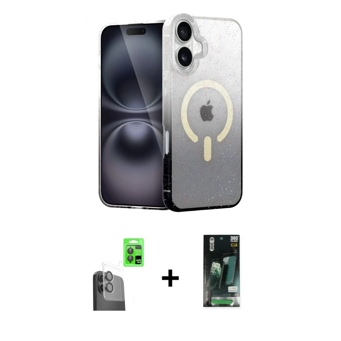 MARSİLYAN™- iPhone 16 Kılıf Eksen Minimal Özel Seri - Siyah 360 Mat Full Body Arka Koruyucu + Raze Metal Kamera Lens - SH
