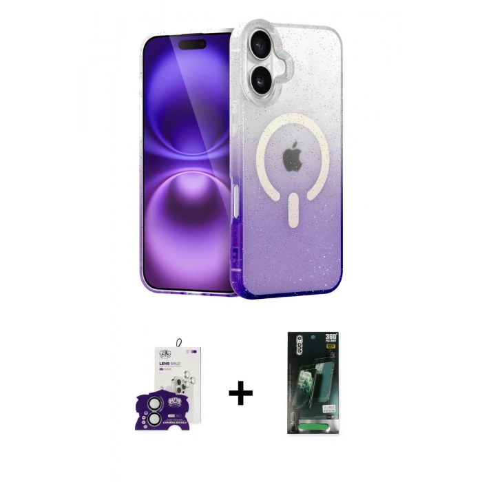 MARSİLYAN™- iPhone 16 Kılıf Eksen Minimal Özel Seri - Siyah 360 Mat Full Body Arka Koruyucu + Yeşil Bilvis Titan Kamera Lens