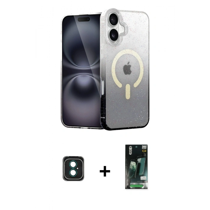 MARSİLYAN™- iPhone 16 Kılıf Eksen Minimal Özel Seri - Siyah 360 Mat Full Body Arka Koruyucu + PVD Metal Kamera Lens - YL