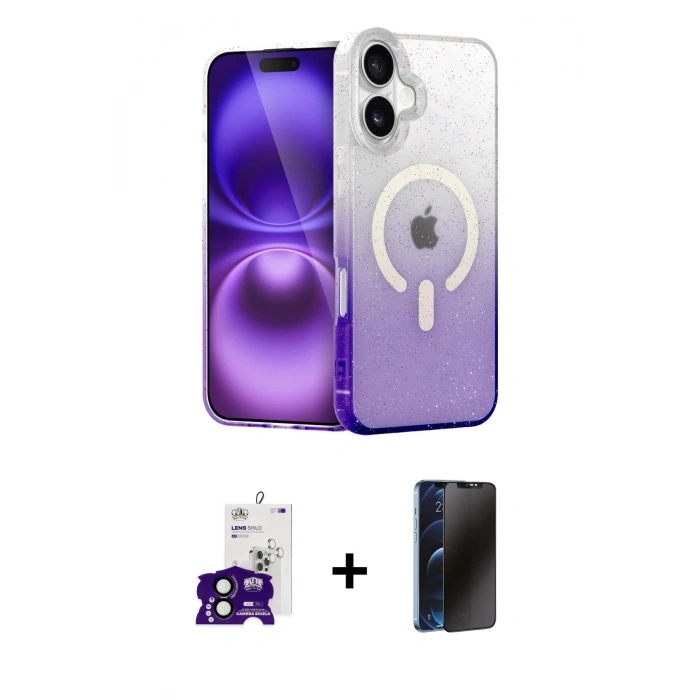 MARSİLYAN™- iPhone 16 Kılıf Eksen Minimal Özel Seri - Siyah 3D Antistatik Hayalet Cam Ekran Koruyucu + Bilvis Titan Kamera Lens - SH