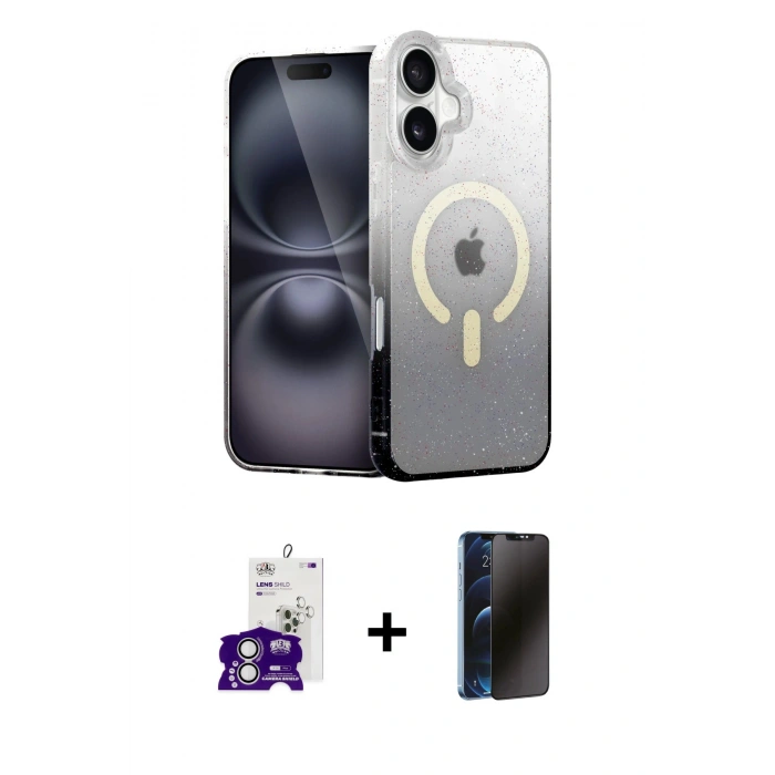 MARSİLYAN™- iPhone 16 Kılıf Eksen Minimal Özel Seri - Siyah 3D Antistatik Hayalet Cam Ekran Koruyucu + Bilvis Titan Kamera Lens - GS