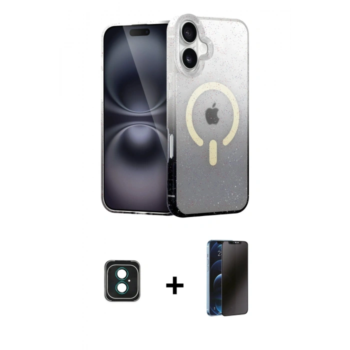 MARSİLYAN™- iPhone 16 Kılıf Eksen Minimal Özel Seri - Siyah 3D Antistatik Hayalet Cam Ekran Koruyucu + PVD Metal Kamera Lens - YL