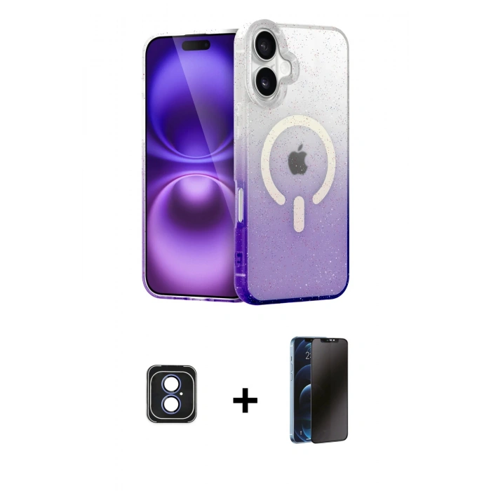 MARSİLYAN™- iPhone 16 Kılıf Eksen Minimal Özel Seri - Siyah 3D Antistatik Hayalet Cam Ekran Koruyucu + PVD Metal Kamera Lens - MI
