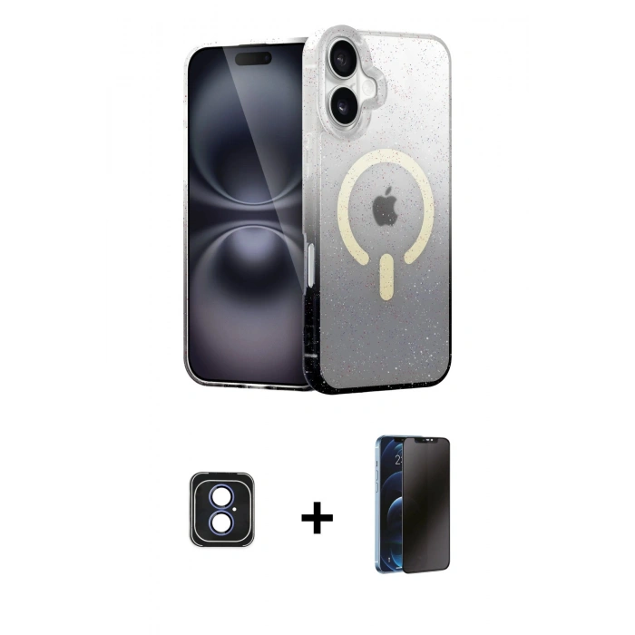MARSİLYAN™- iPhone 16 Kılıf Eksen Minimal Özel Seri - Siyah 3D Antistatik Hayalet Cam Ekran Koruyucu + PVD Metal Kamera Lens - MI