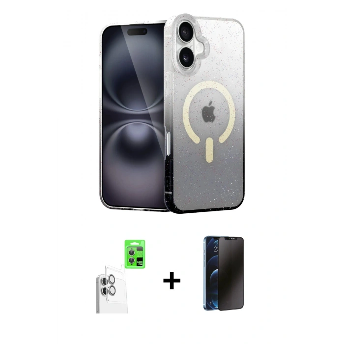 MARSİLYAN™- iPhone 16 Kılıf Eksen Minimal Özel Seri - Siyah 3D Antistatik Hayalet Cam Ekran Koruyucu + Raze Metal Kamera Lens - BZ