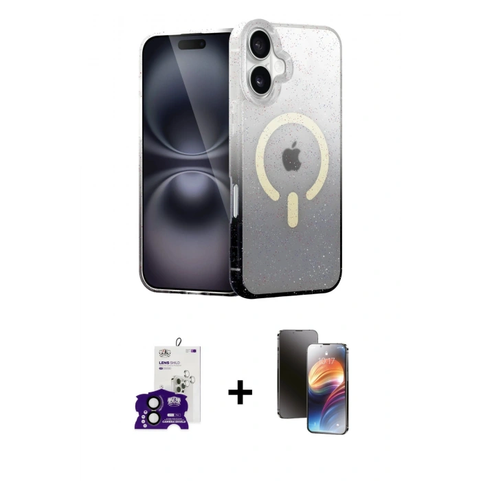 MARSİLYAN™- iPhone 16 Kılıf Eksen Minimal Özel Seri - Siyah 3D Antistatik Mat Seramik Nano Ekran Koruyucu + Bilvis Titan Kamera Lens - SH