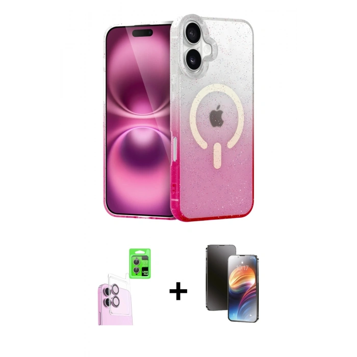 MARSİLYAN™- iPhone 16 Kılıf Eksen Minimal Özel Seri - Siyah 3D Antistatik Mat Seramik Nano Ekran Koruyucu + Pembe Raze Metal Kamera Lens