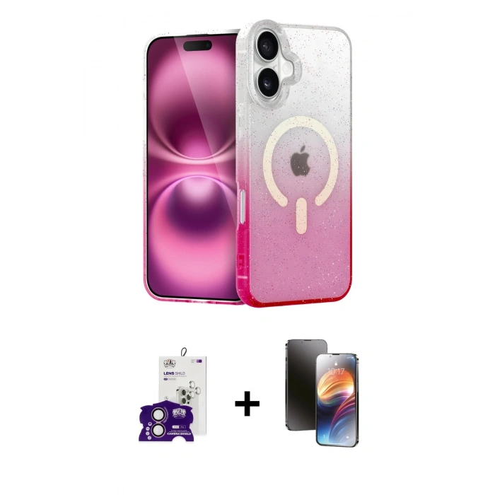 MARSİLYAN™- iPhone 16 Kılıf Eksen Minimal Özel Seri - Siyah 3D Antistatik Mat Seramik Nano Ekran Koruyucu + Pembe Bilvis Titan Kamera Lens