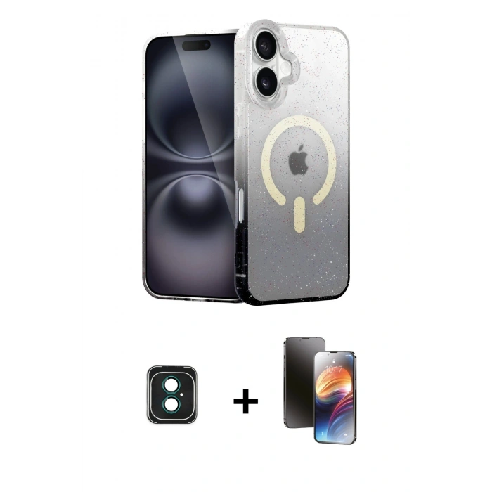 MARSİLYAN™- iPhone 16 Kılıf Eksen Minimal Özel Seri - Siyah 3D Antistatik Mat Seramik Nano Ekran Koruyucu + PVD Metal Kamera Lens - YL