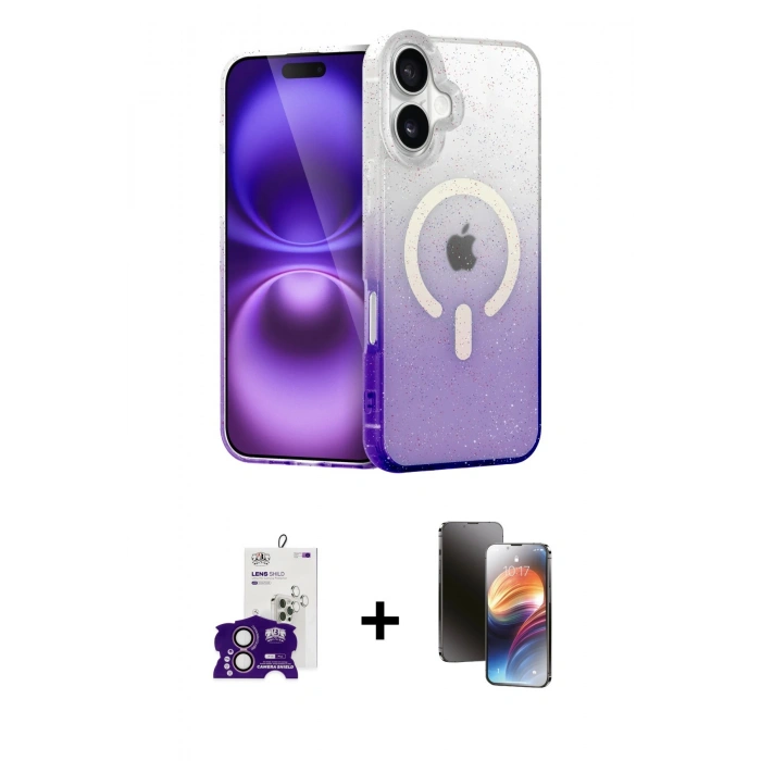 MARSİLYAN™- iPhone 16 Kılıf Eksen Minimal Özel Seri - Siyah 3D Antistatik Mat Seramik Nano Ekran Koruyucu + Pembe Bilvis Titan Kamera Lens