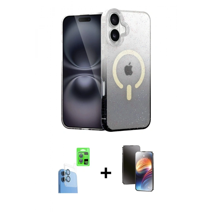 MARSİLYAN™- iPhone 16 Kılıf Eksen Minimal Özel Seri - Siyah 3D Antistatik Mat Seramik Nano Ekran Koruyucu + Lacivert Raze Metal Kamera Lens