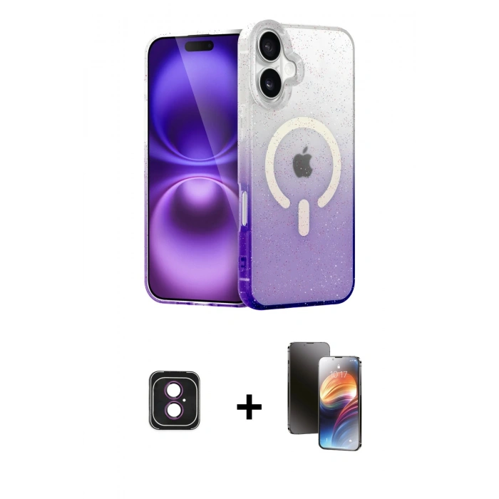 MARSİLYAN™- iPhone 16 Kılıf Eksen Minimal Özel Seri - Siyah 3D Antistatik Mat Seramik Nano Ekran Koruyucu + PVD Metal Kamera Lens - PE