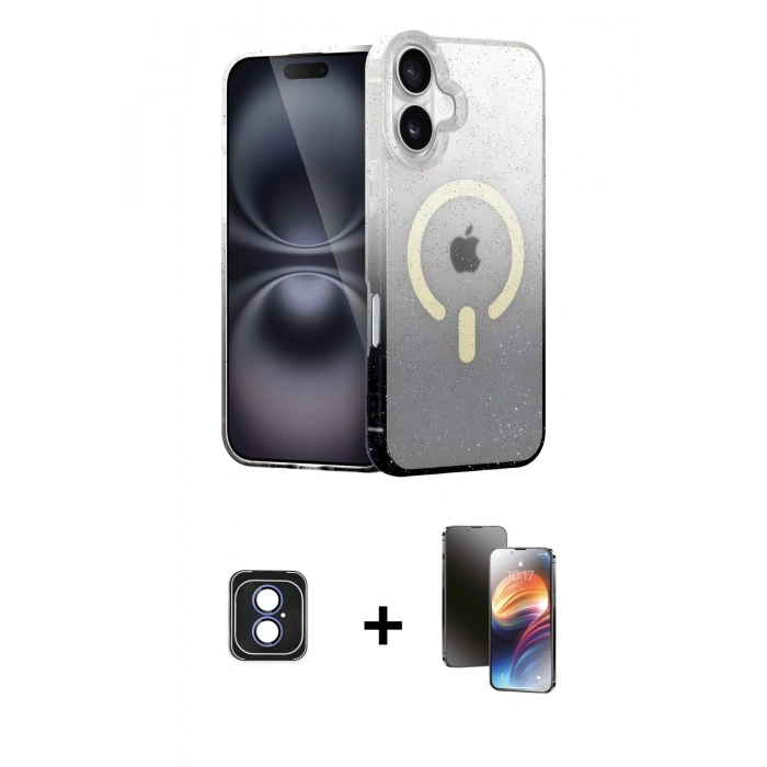 MARSİLYAN™- iPhone 16 Kılıf Eksen Minimal Özel Seri - Siyah 3D Antistatik Mat Seramik Nano Ekran Koruyucu + PVD Metal Kamera Lens - MI