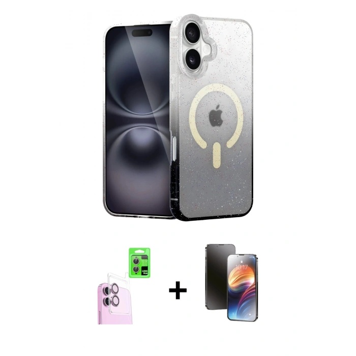 MARSİLYAN™- iPhone 16 Kılıf Eksen Minimal Özel Seri - Siyah 3D Antistatik Mat Seramik Nano Ekran Koruyucu + Pembe Raze Metal Kamera Lens