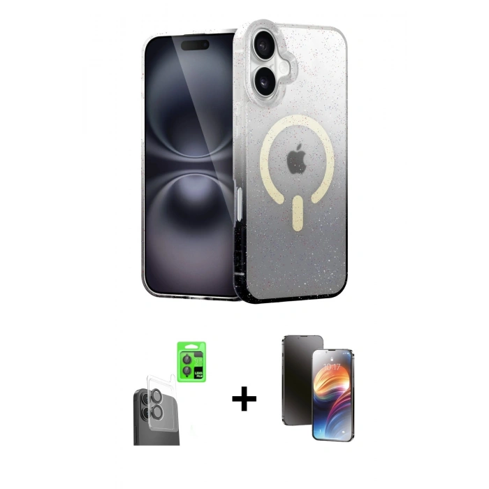 MARSİLYAN™- iPhone 16 Kılıf Eksen Minimal Özel Seri - Siyah 3D Antistatik Mat Seramik Nano Ekran Koruyucu + Siyah Raze Metal Kamera Lens