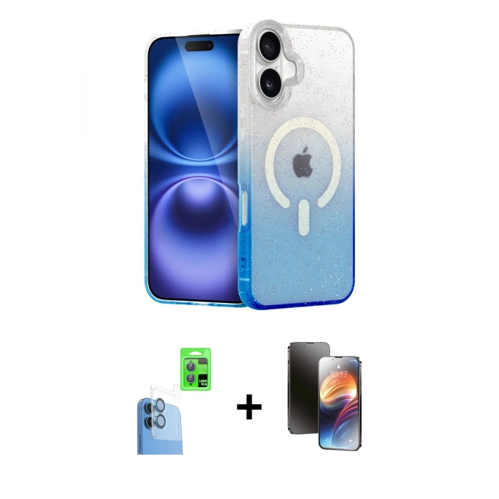 MARSİLYAN™- iPhone 16 Kılıf Eksen Minimal Özel Seri - Siyah 3D Antistatik Mat Seramik Nano Ekran Koruyucu + Lacivert Raze Metal Kamera Lens