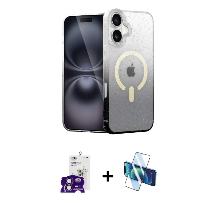MARSİLYAN™- iPhone 16 Kılıf Eksen Minimal Özel Seri - Siyah 3D Antistatik Seramik Nano Ekran Koruyucu + Bilvis Titan Kamera Lens - PE