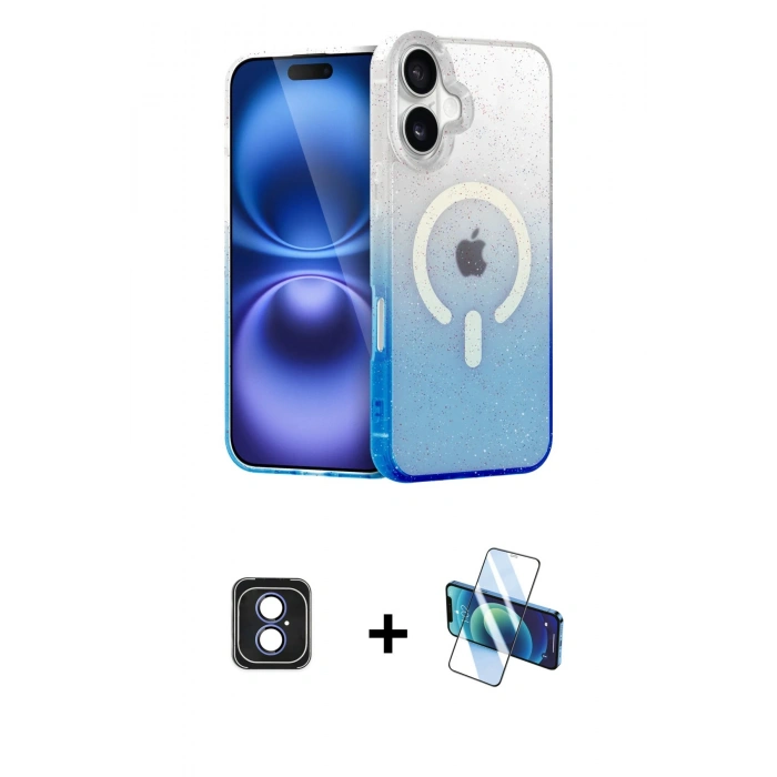 MARSİLYAN™- iPhone 16 Kılıf Eksen Minimal Özel Seri - Siyah 3D Antistatik Seramik Nano Ekran Koruyucu + Mavi PVD Metal Kamera Lens