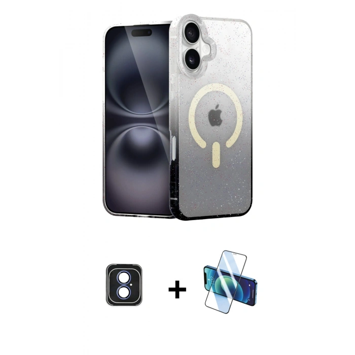 MARSİLYAN™- iPhone 16 Kılıf Eksen Minimal Özel Seri - Siyah 3D Antistatik Seramik Nano Ekran Koruyucu + Mavi PVD Metal Kamera Lens