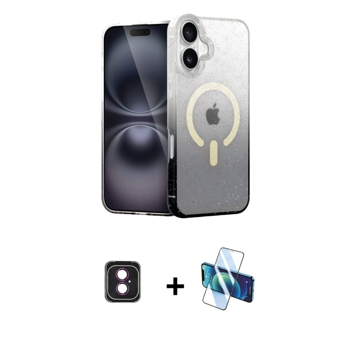 MARSİLYAN™- iPhone 16 Kılıf Eksen Minimal Özel Seri - Siyah 3D Antistatik Seramik Nano Ekran Koruyucu + PVD Metal Kamera Lens - PE