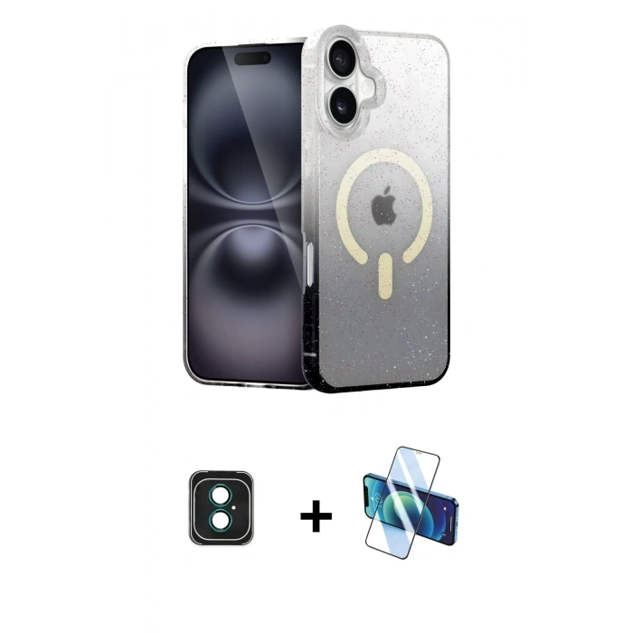 MARSİLYAN™- iPhone 16 Kılıf Eksen Minimal Özel Seri - Siyah 3D Antistatik Seramik Nano Ekran Koruyucu + PVD Metal Kamera Lens - YL