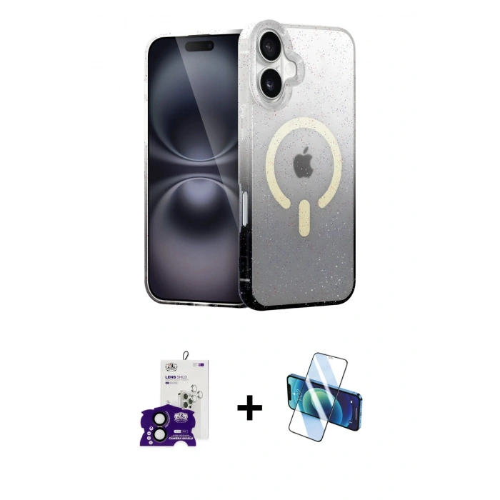 MARSİLYAN™- iPhone 16 Kılıf Eksen Minimal Özel Seri - Siyah 3D Antistatik Seramik Nano Ekran Koruyucu + Siyah Bilvis Titan Kamera Lens