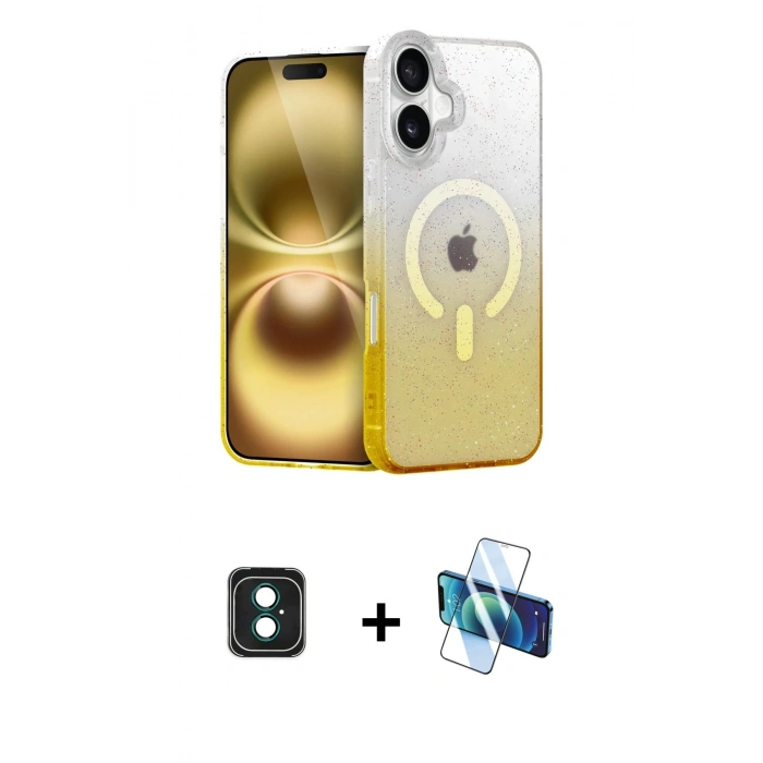 MARSİLYAN™- iPhone 16 Kılıf Eksen Minimal Özel Seri - Siyah 3D Antistatik Seramik Nano Ekran Koruyucu + PVD Metal Kamera Lens - YL