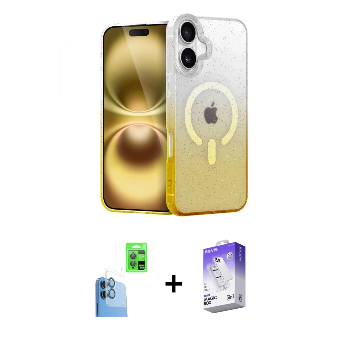 MARSİLYAN™- iPhone 16 Kılıf Eksen Minimal Özel Seri - Siyah Bilvis 5in1 3D Magic Cam Ekran Koruyucu + Raze Metal Kamera Lens - LT