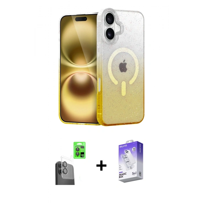 MARSİLYAN™- iPhone 16 Kılıf Eksen Minimal Özel Seri - Siyah Bilvis 5in1 3D Magic Cam Ekran Koruyucu + Raze Metal Kamera Lens - SH