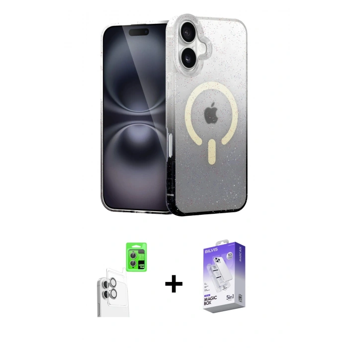 MARSİLYAN™- iPhone 16 Kılıf Eksen Minimal Özel Seri - Siyah Bilvis 5in1 3D Magic Cam Ekran Koruyucu + Raze Metal Kamera Lens - BZ