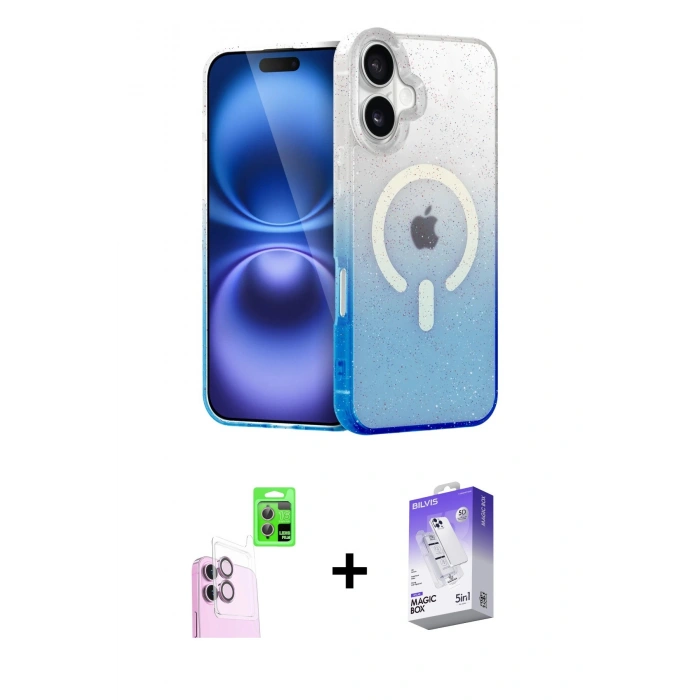 MARSİLYAN™- iPhone 16 Kılıf Eksen Minimal Özel Seri - Siyah Bilvis 5in1 3D Magic Cam Ekran Koruyucu + Raze Metal Kamera Lens - PE