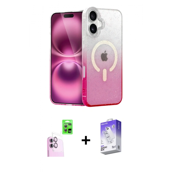 MARSİLYAN™- iPhone 16 Kılıf Eksen Minimal Özel Seri - Siyah Bilvis 5in1 3D Magic Cam Ekran Koruyucu + Raze Metal Kamera Lens - PE