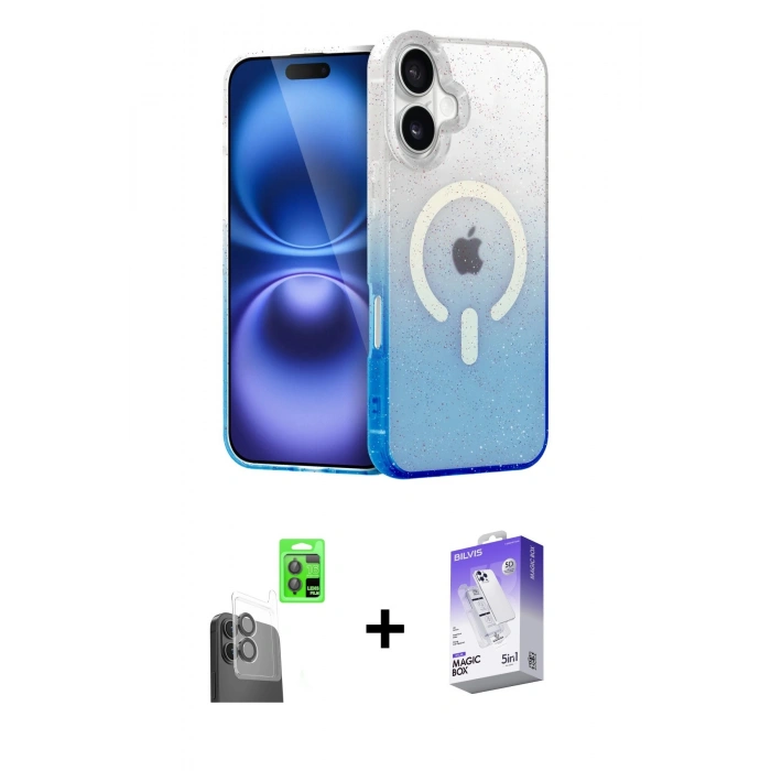 MARSİLYAN™- iPhone 16 Kılıf Eksen Minimal Özel Seri - Siyah Bilvis 5in1 3D Magic Cam Ekran Koruyucu + Raze Metal Kamera Lens - SH