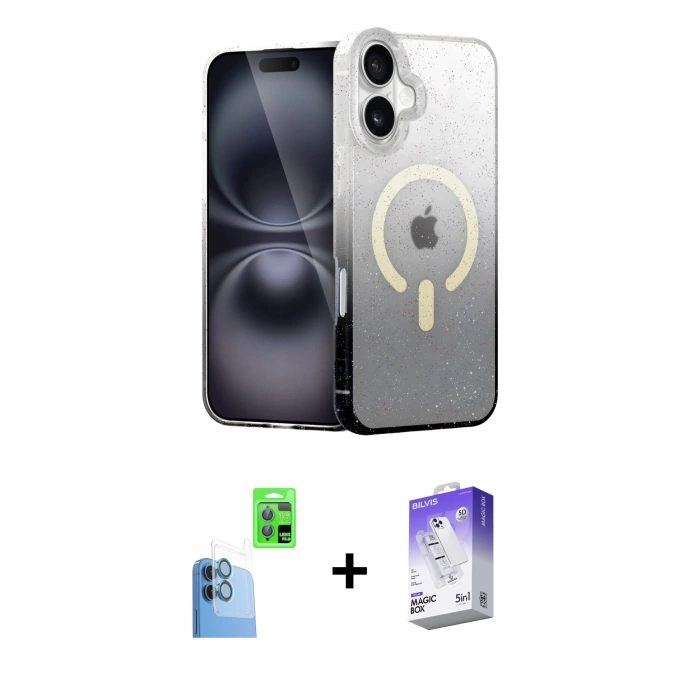 MARSİLYAN™- iPhone 16 Kılıf Eksen Minimal Özel Seri - Siyah Bilvis 5in1 3D Magic Cam Ekran Koruyucu + Raze Metal Kamera Lens - LT