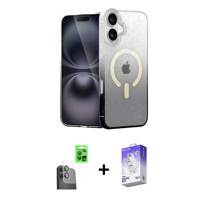 MARSİLYAN™- iPhone 16 Kılıf Eksen Minimal Özel Seri - Siyah Bilvis 5in1 3D Magic Cam Ekran Koruyucu + Raze Metal Kamera Lens - SH
