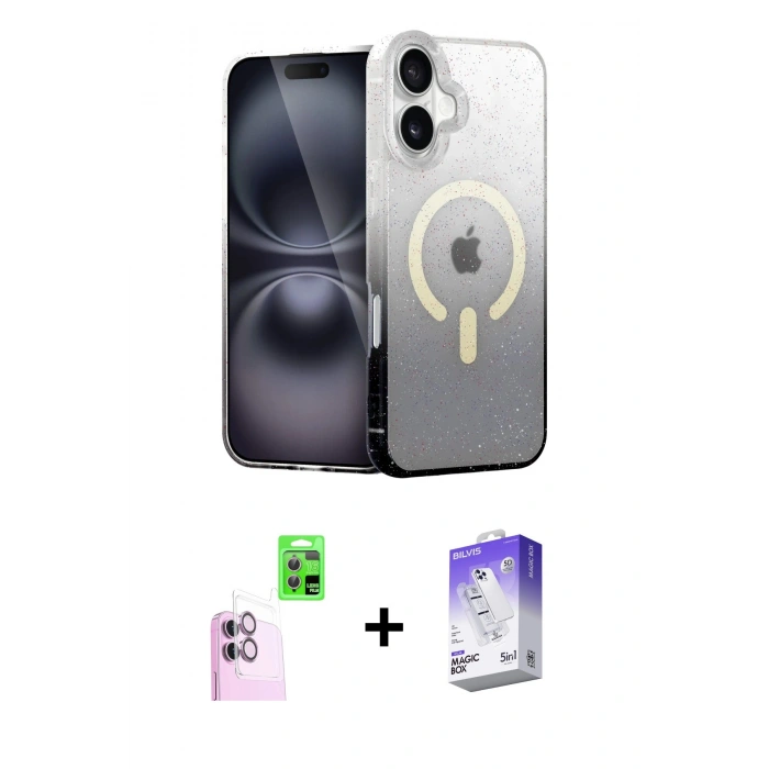 MARSİLYAN™- iPhone 16 Kılıf Eksen Minimal Özel Seri - Siyah Bilvis 5in1 3D Magic Cam Ekran Koruyucu + Raze Metal Kamera Lens - PE
