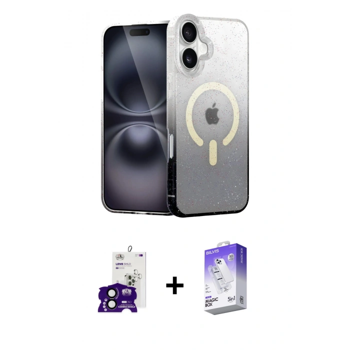 MARSİLYAN™- iPhone 16 Kılıf Eksen Minimal Özel Seri - Siyah Bilvis 5in1 3D Magic Cam Ekran Koruyucu + Bilvis Titan Kamera Lens - SH