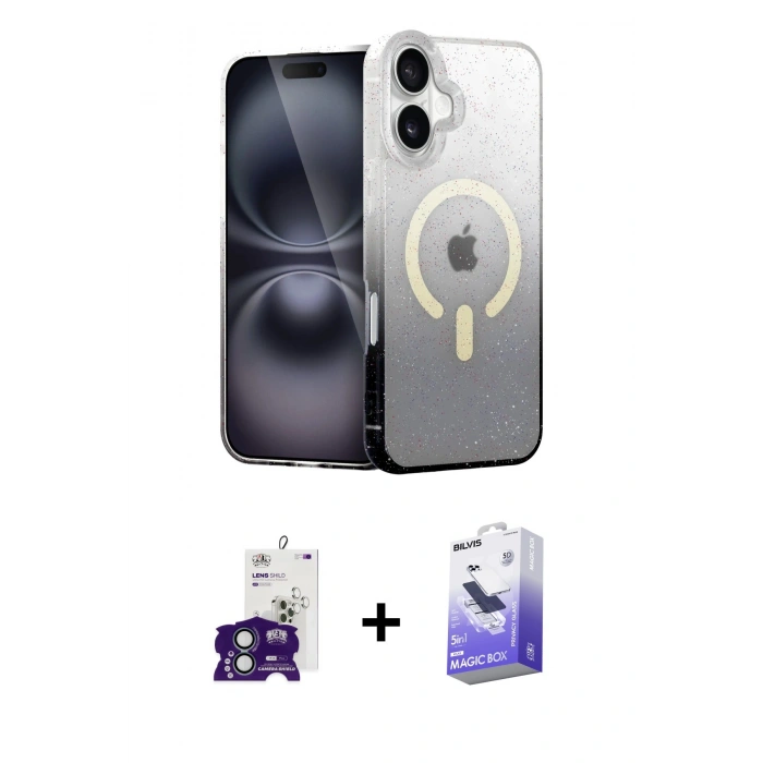 MARSİLYAN™- iPhone 16 Kılıf Eksen Minimal Özel Seri - Siyah Bilvis 5in1 5D Magic Hayalet Cam Ekran Koruyucu + Bilvis Titan Kamera Lens - YL