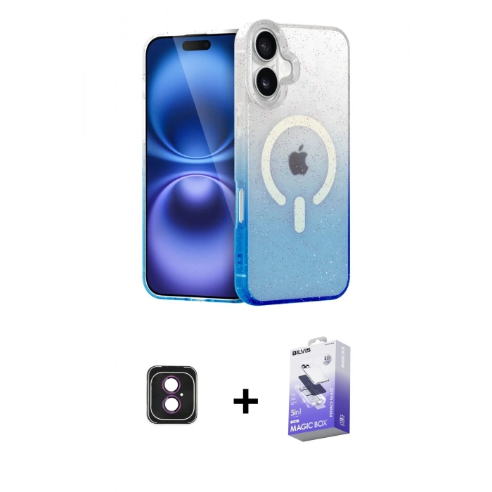 MARSİLYAN™- iPhone 16 Kılıf Eksen Minimal Özel Seri - Siyah Bilvis 5in1 5D Magic Hayalet Cam Ekran Koruyucu + PVD Metal Kamera Lens - PE