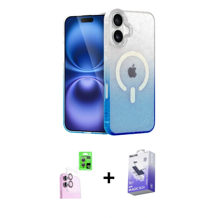 MARSİLYAN™- iPhone 16 Kılıf Eksen Minimal Özel Seri - Siyah Bilvis 5in1 5D Magic Hayalet Cam Ekran Koruyucu + Raze Metal Kamera Lens - PE
